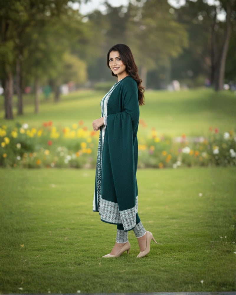 KRITI Winter Embroidery 3 Piece Kurti Set Bottle Green Color For Women