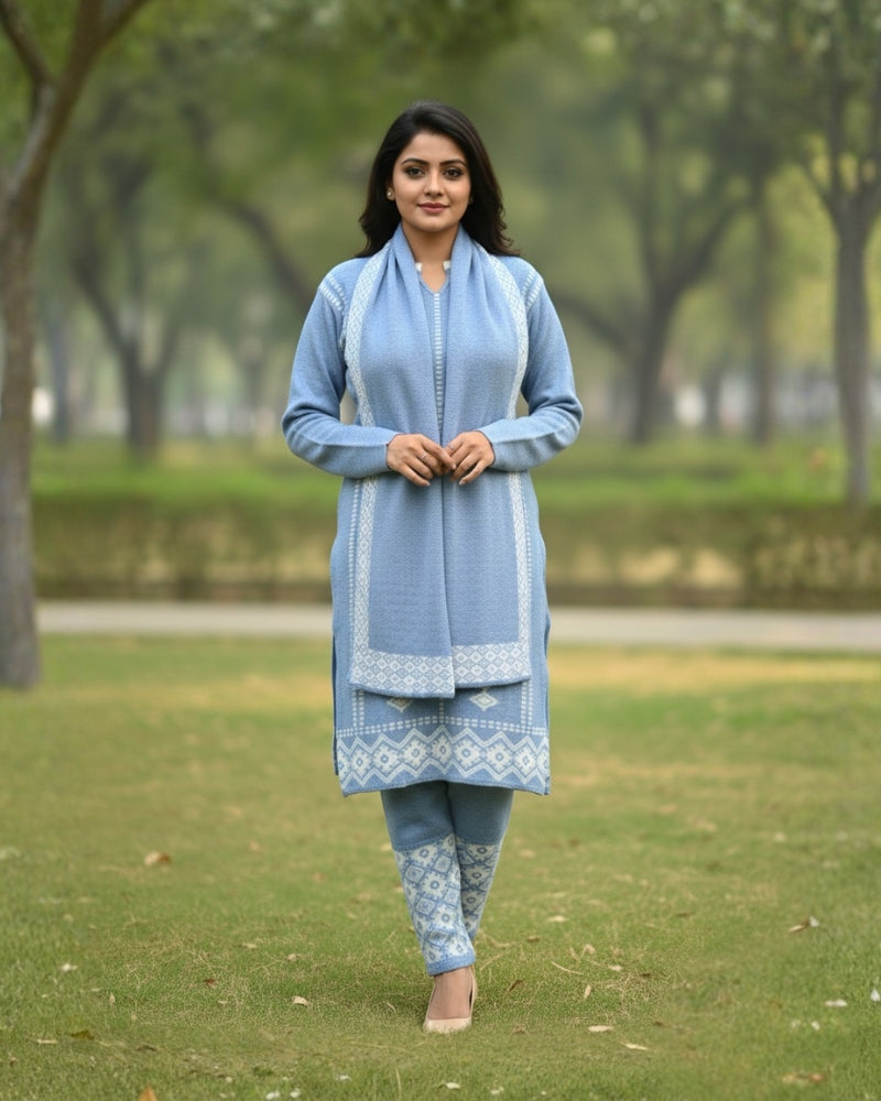 प्रीमियम 3-पीस ऊनी विंटर कुर्ती सेट | बॉटम और स्टोल के साथ बुना हुआ कुर्ता | M-XXL साइज़