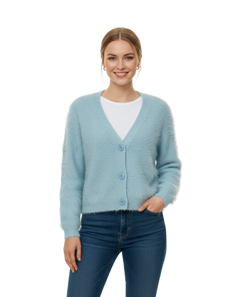 Women's Open Front Woolen Fluffy Top | Sky Blue Oversized Fuzzy Shaggy Top | Long Sleeve & Loose Fit