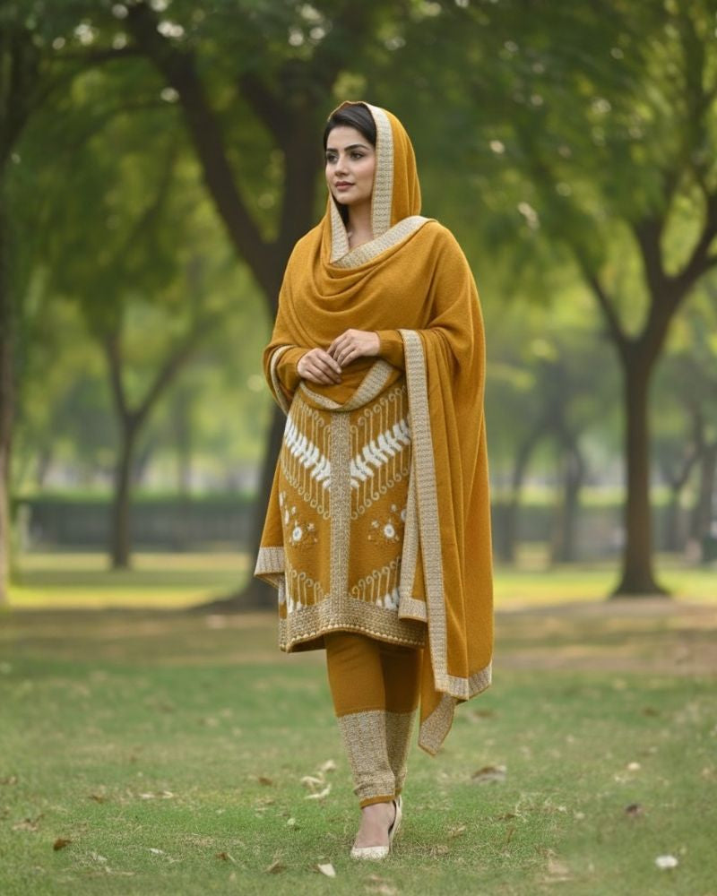 Premium 3-Piece Woolen Winter Kurti Set | Woven Kurta with Bottom & Stole | M-XXL Size