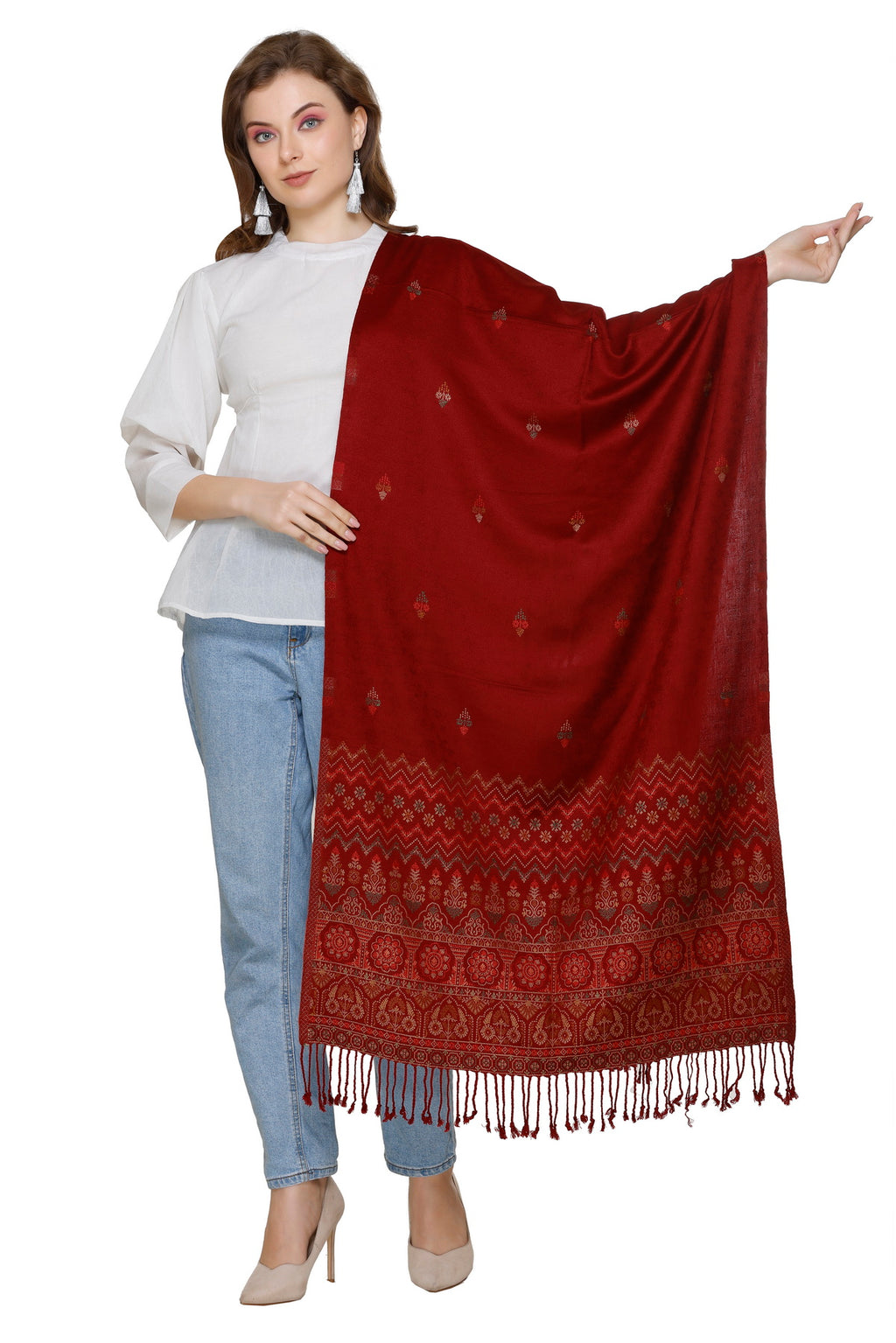 Jacquard Design Woollen Stole - Maroon