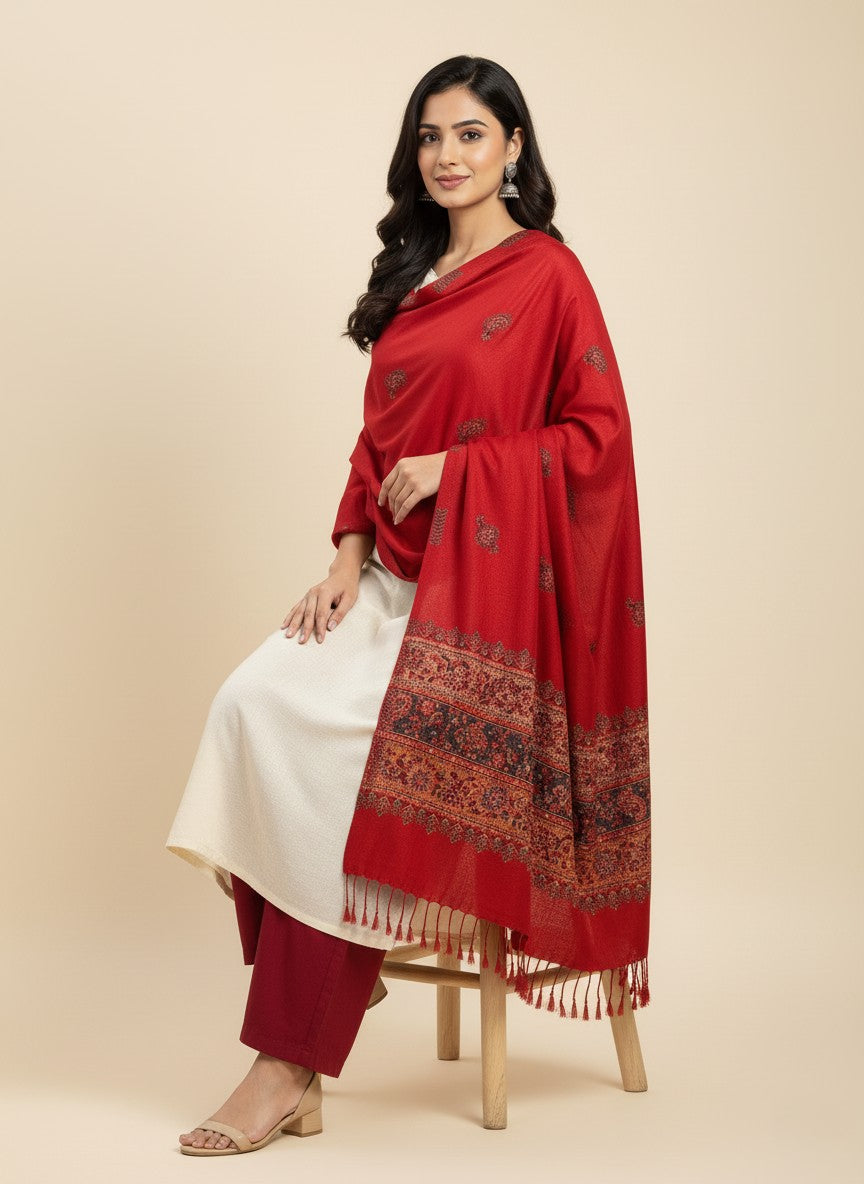 KRITI Border Design Woolen Red Color Stole For Girl