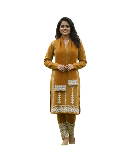 प्रीमियम 3-पीस ऊनी विंटर कुर्ती सेट | बॉटम और स्टोल के साथ बुना हुआ कुर्ता | M-XXL साइज़