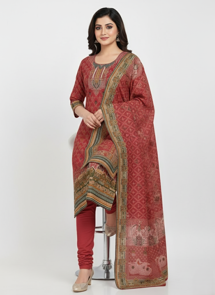 KRITI Winter Woolen Unstitched Suit Maroon Color For Women