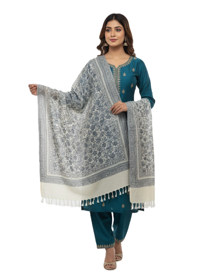 KRITI Floral Design Warm Woolen Off White Color Shawl for Women