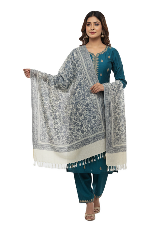 KRITI Floral Design Warm Woolen Off White Color Shawl for Women