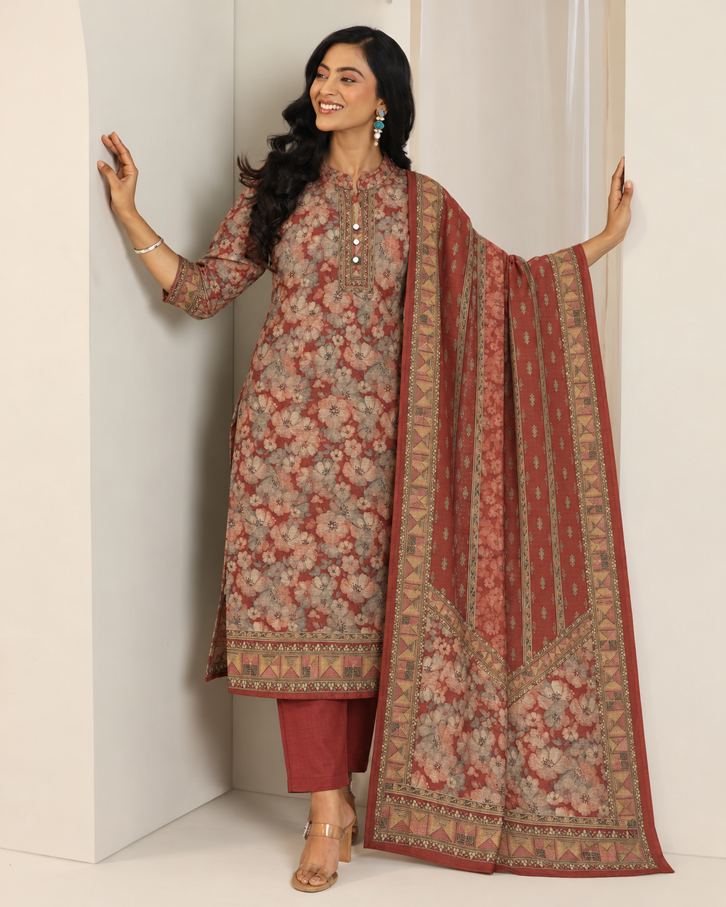 Embroidered Winter Woolen stitched Suit- Maroon