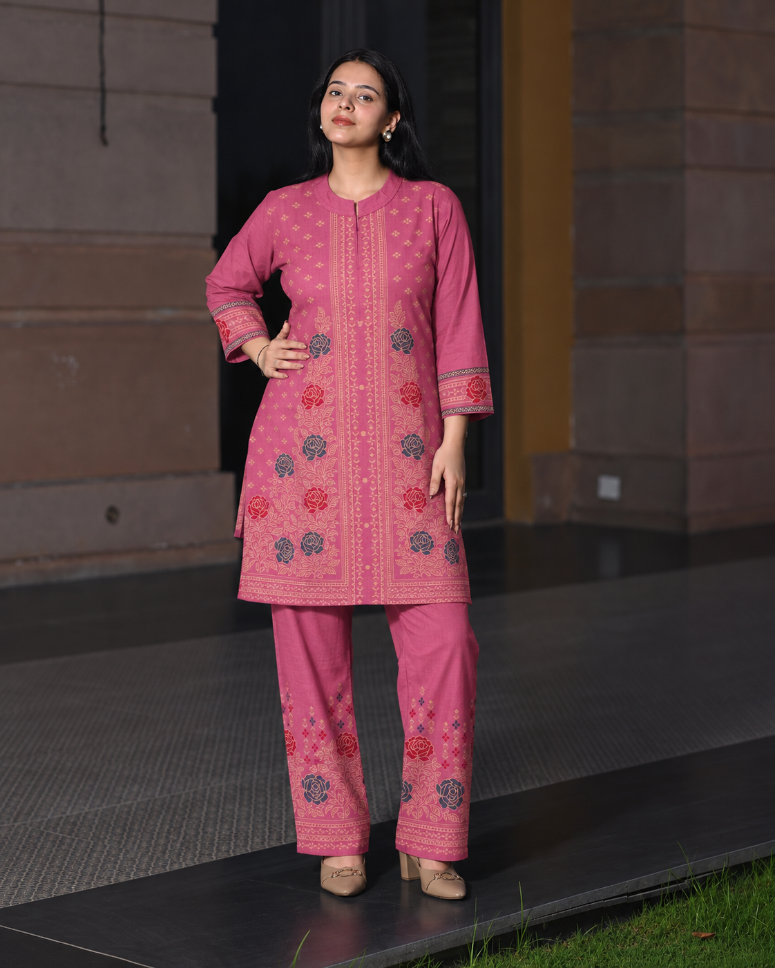 Winter Woolen Printed Cord Set - Pink