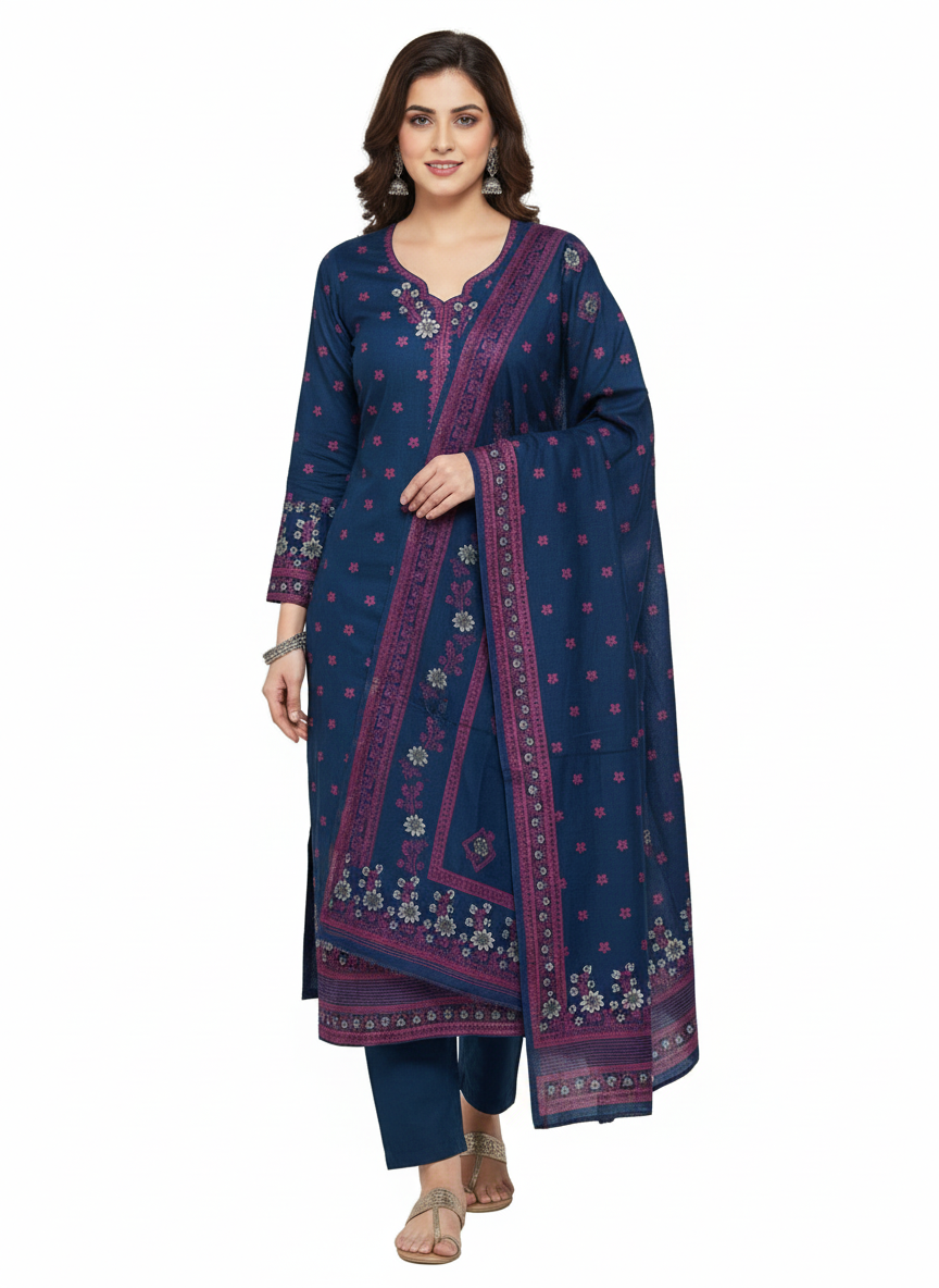 Winter Woolen Unstitched Suit - Navy-AISHA