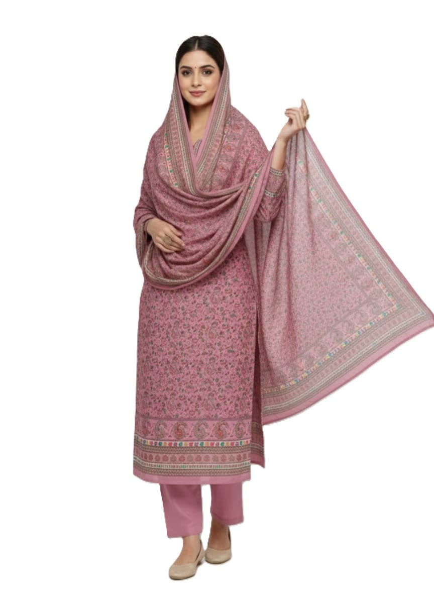 Woolen Floral Design Unstitched Fabric Suit Set