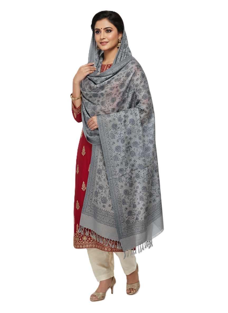 Kashmiri Jaal Design Warm Woolen Shawl - Dark Grey