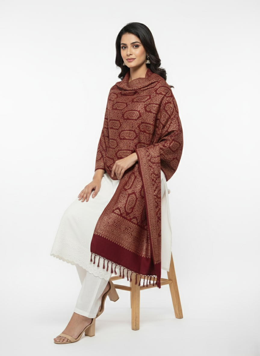 KRITI Paisley Design Warm Woolen Maroon Color Shawl for Women