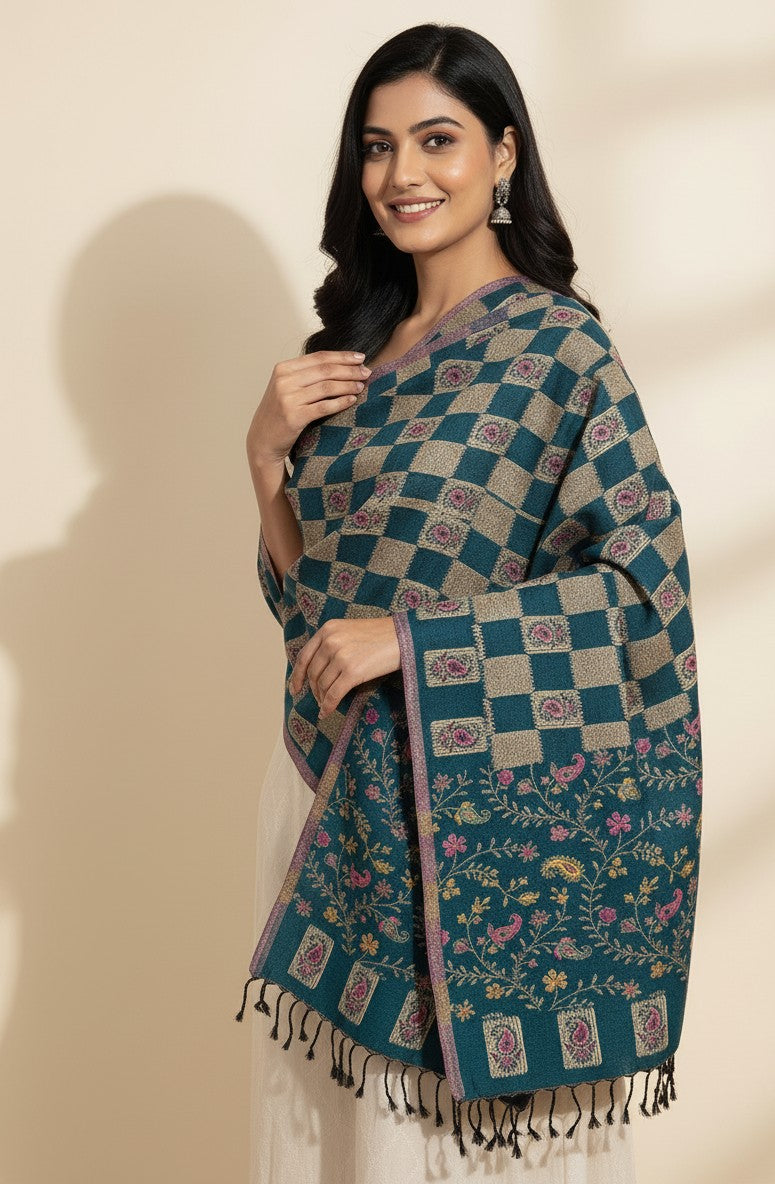 KRITI Floral Pattern Woolen Teal Color Stole For Girl