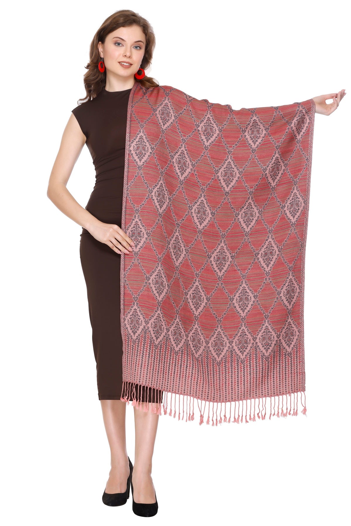 Diamond Design Woollen Stole - Peach