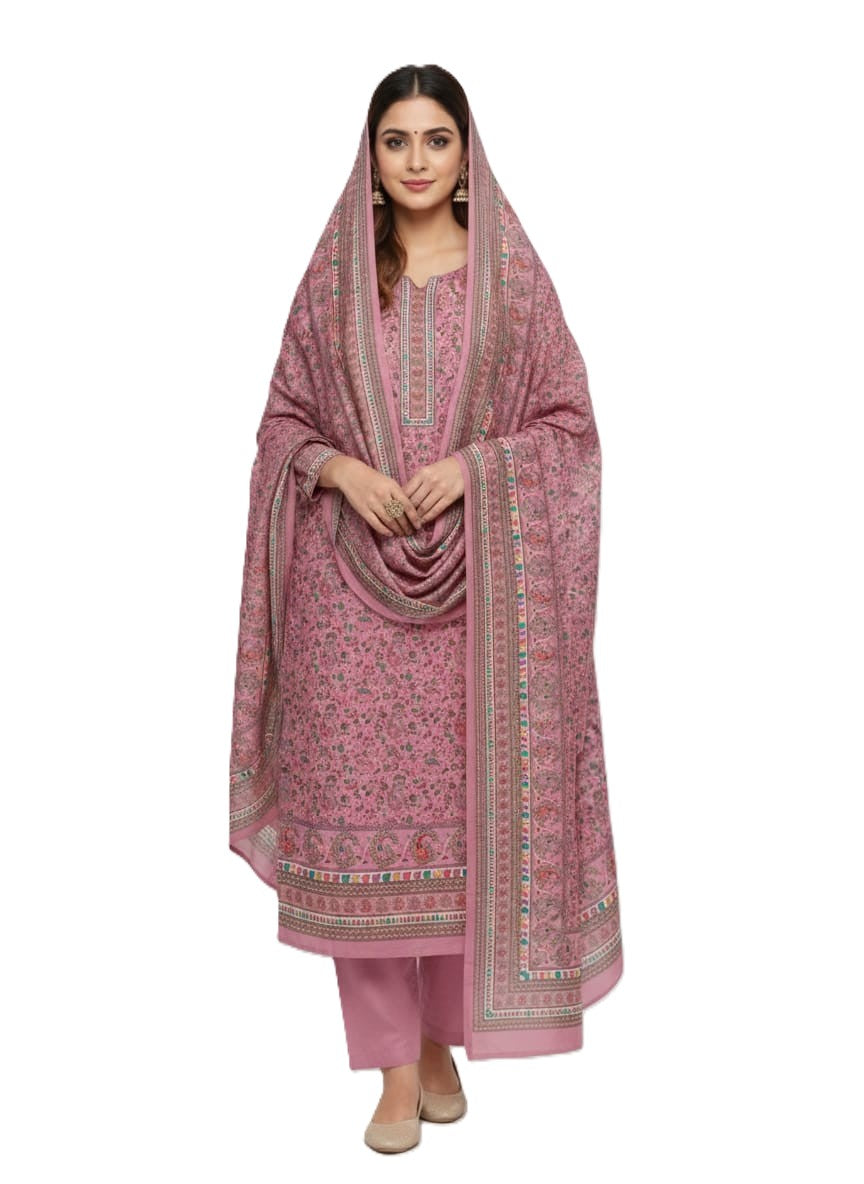 Woolen Floral Design Unstitched Fabric Suit Set