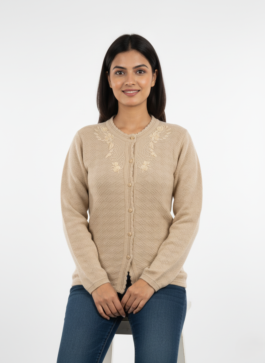 Winter Rainbow Embroidery Cardigan - Beige