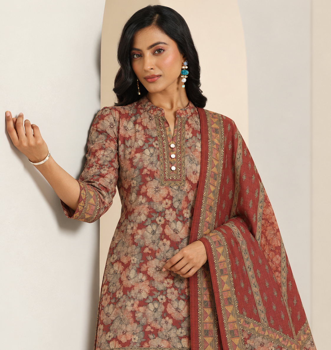Embroidered Winter Woolen stitched Suit- Maroon