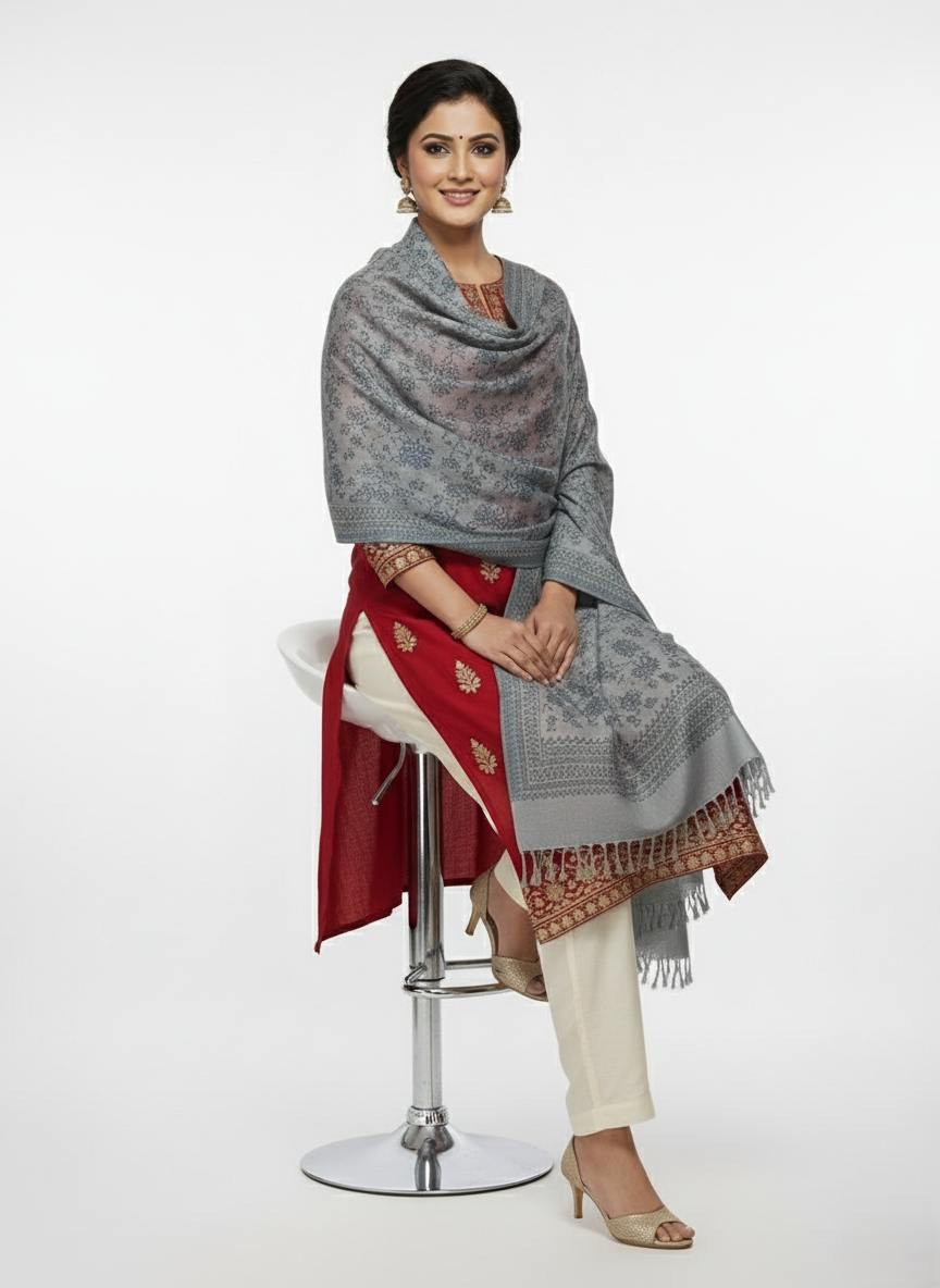 Kashmiri Jaal Design Warm Woolen Shawl - Dark Grey