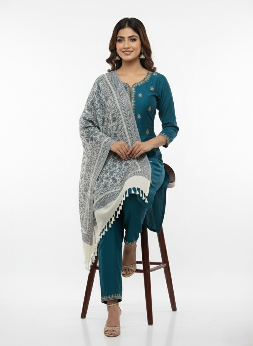 KRITI Floral Design Warm Woolen Off White Color Shawl for Women