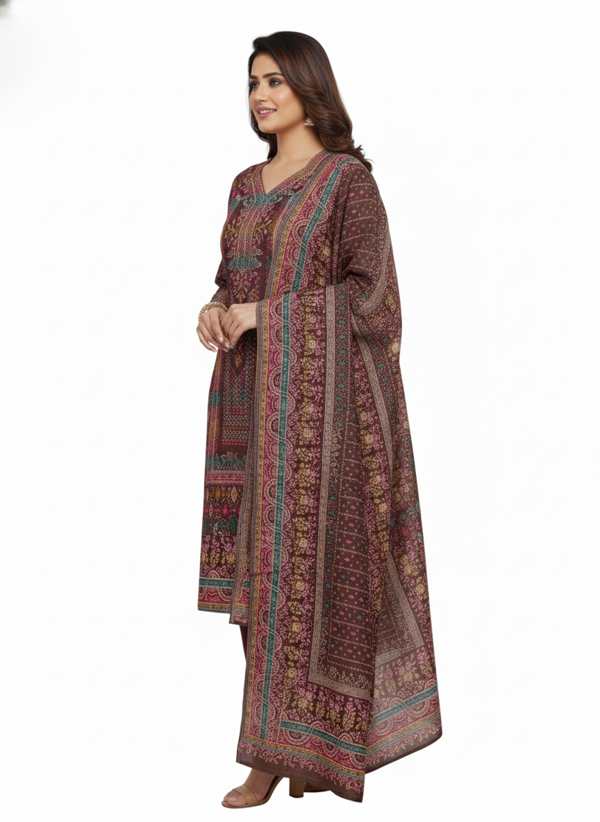 महिलाओं के लिए कृति विंटर ऊनी अनस्टिच्ड सूट रोस्ट ब्राउन रंग