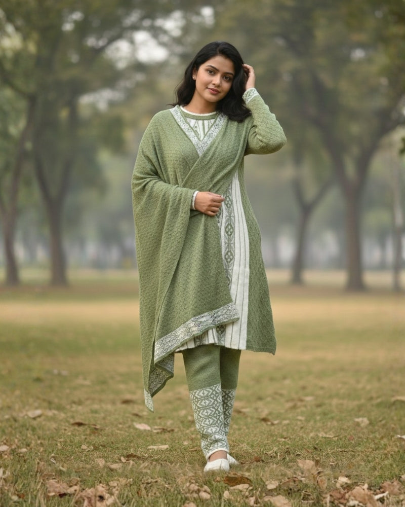 Full Sleeve Knee Length Hair Wool Fabric Pista Color 3 PC Kurti Set For Women