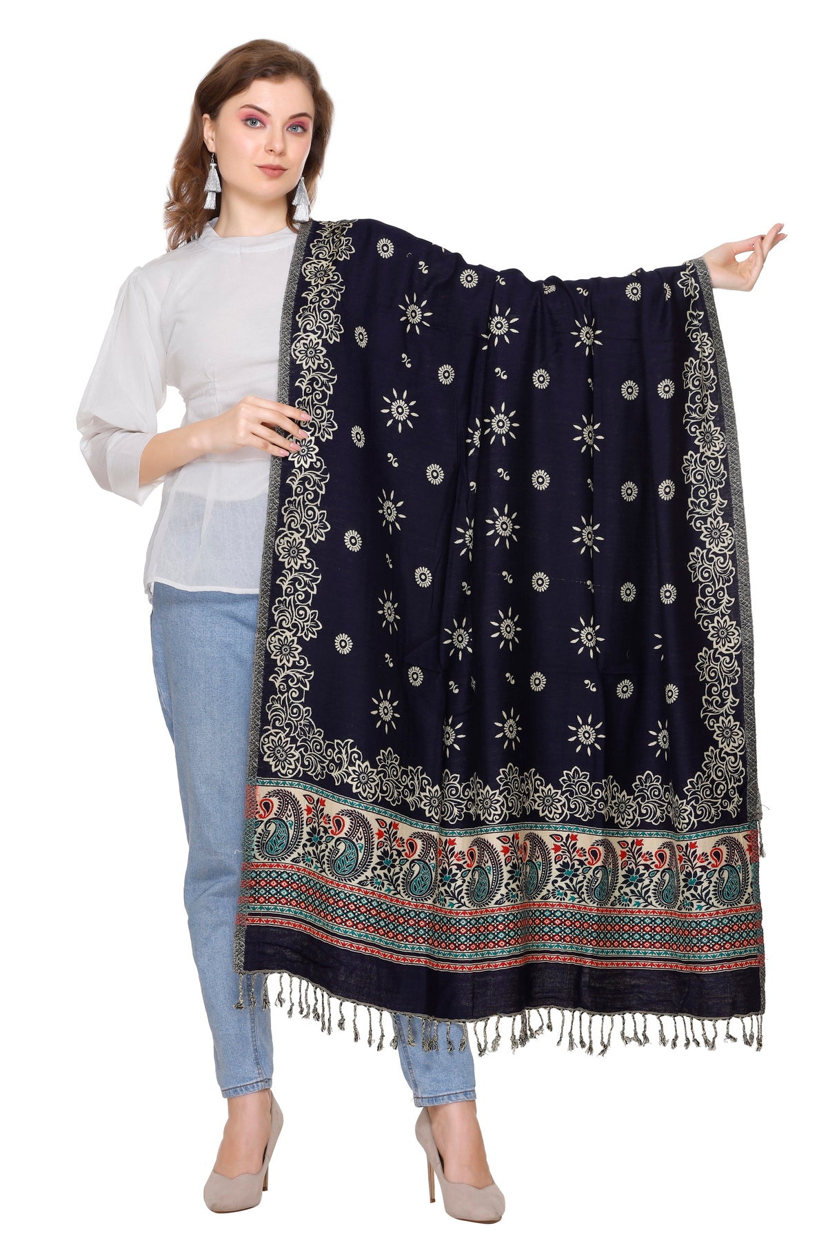 KRITI Navy Blue Wool Blend Shawl For Women.