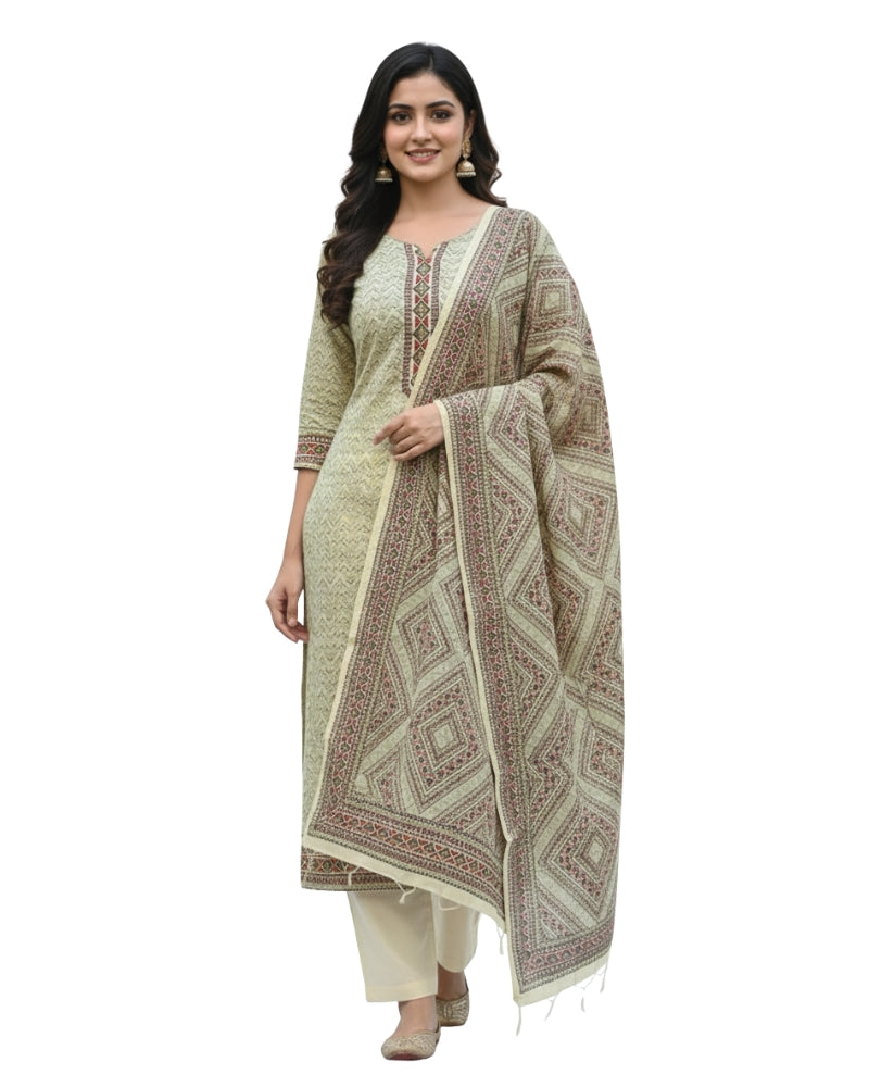 KRITI महिलाओं के लिए डिजिटल प्रिंट ऊनी लेमन ग्रीन रंग का अनस्टिच्ड फ़ैब्रिक सूट सेट विंटरवियर 