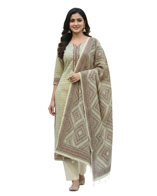 KRITI महिलाओं के लिए डिजिटल प्रिंट ऊनी लेमन ग्रीन रंग का अनस्टिच्ड फ़ैब्रिक सूट सेट विंटरवियर 