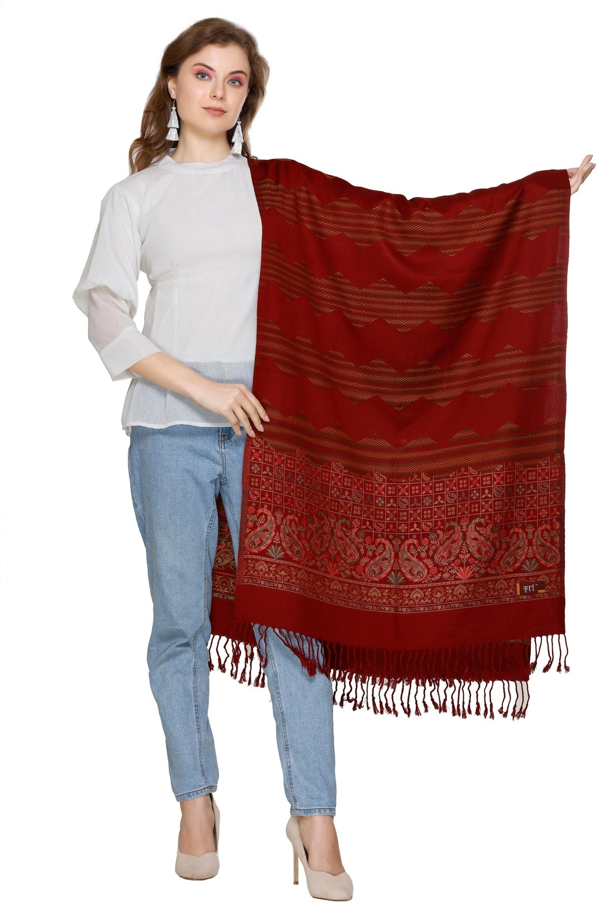 Paisley Designer Woollen Stole - Maroon