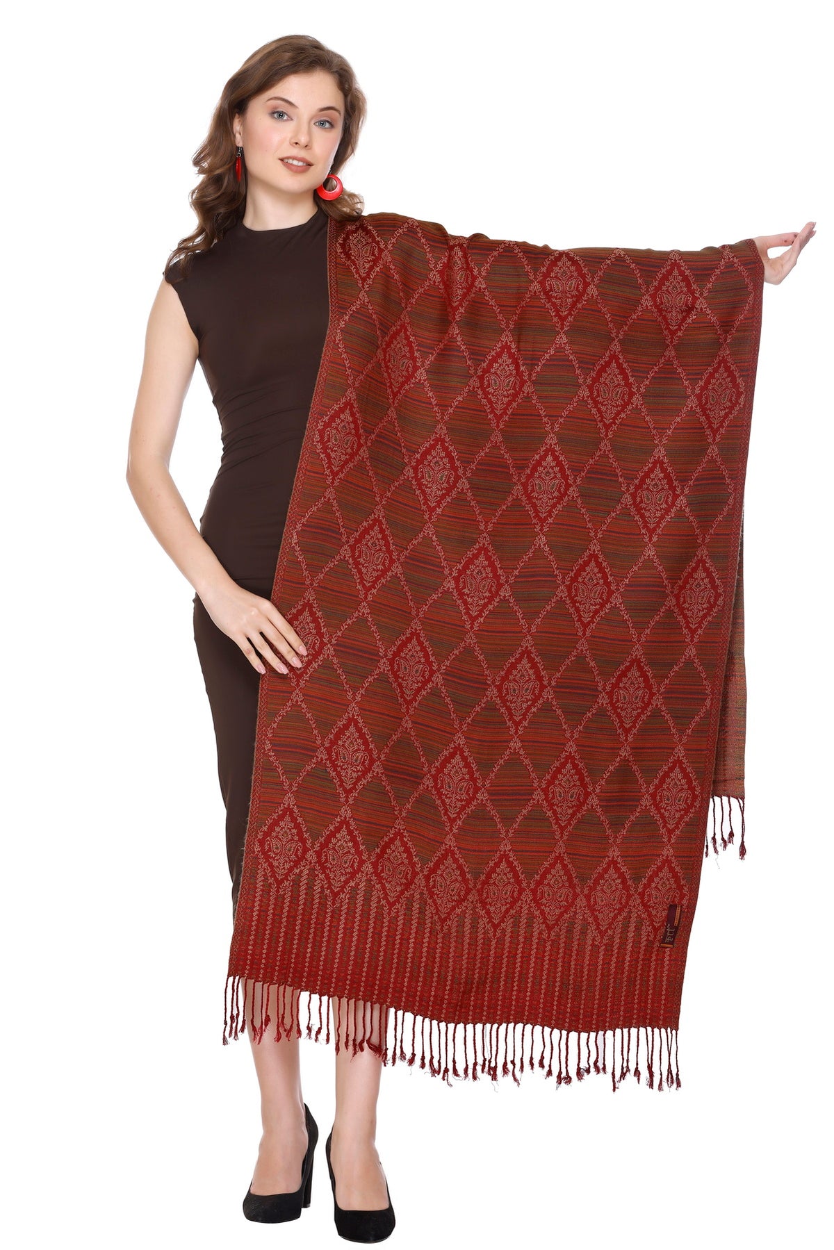 Diamond Pattern Woollen Stole - Maroon