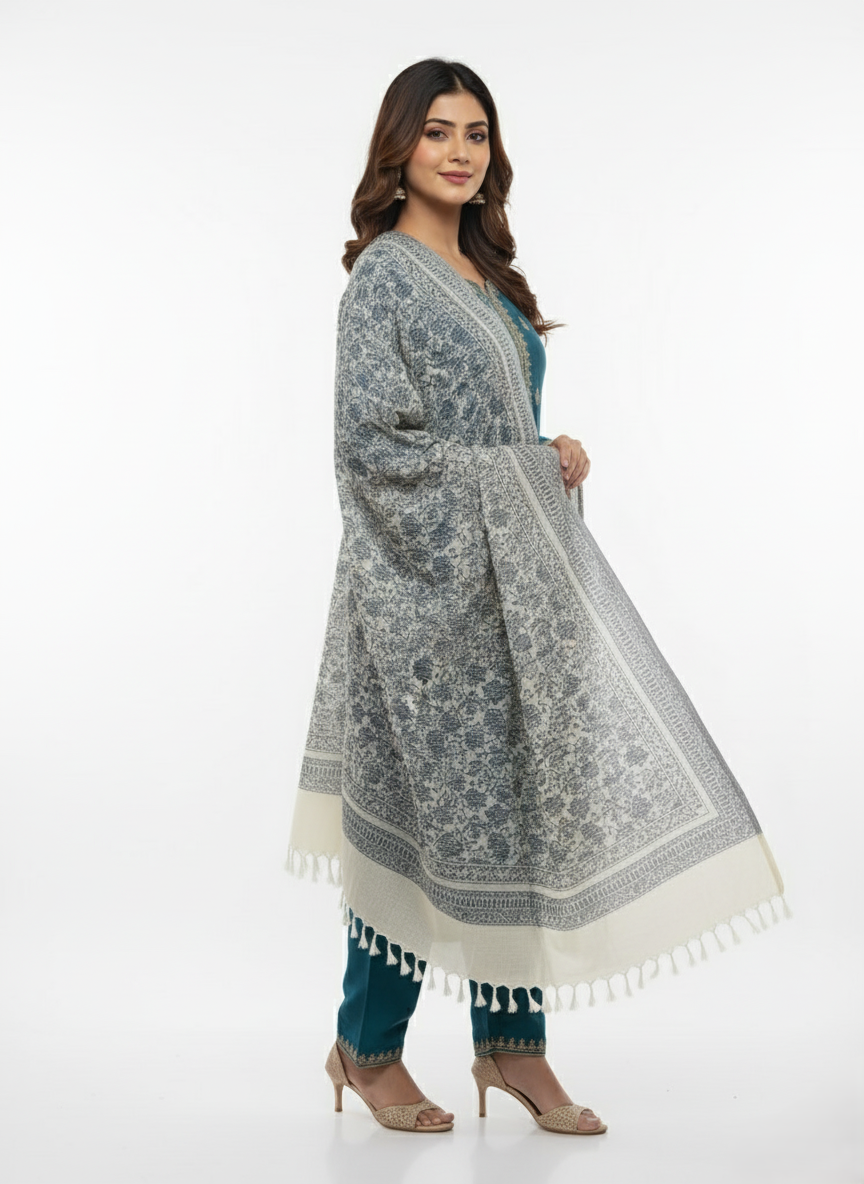 Kashmiri Jaal Design Warm Woolen Shawl - Off White