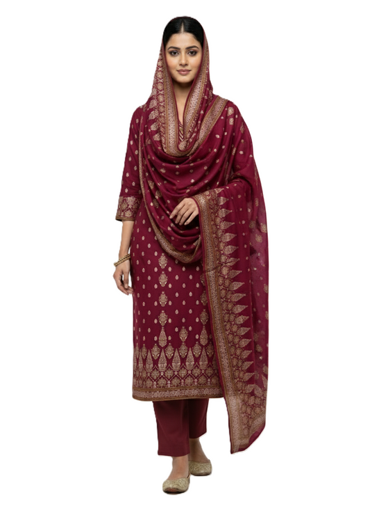 KRITI Winter Woolen Unstitched Suit Maroon Color For Women