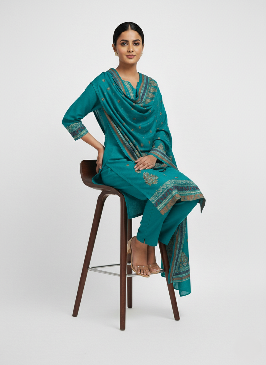 KRITI Winter Woolen Unstitched Suit Firozi Color For Women