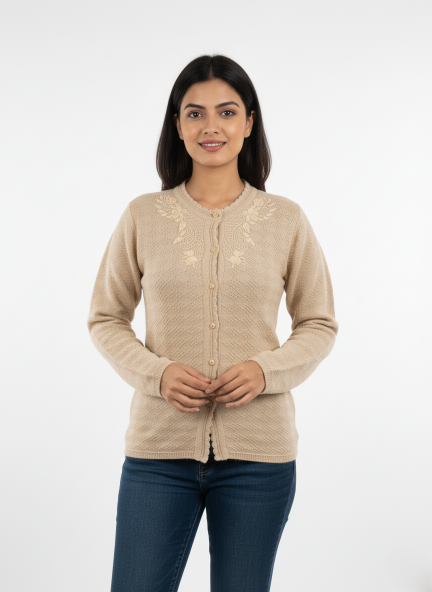 Winter Rainbow Embroidery Cardigan - Beige