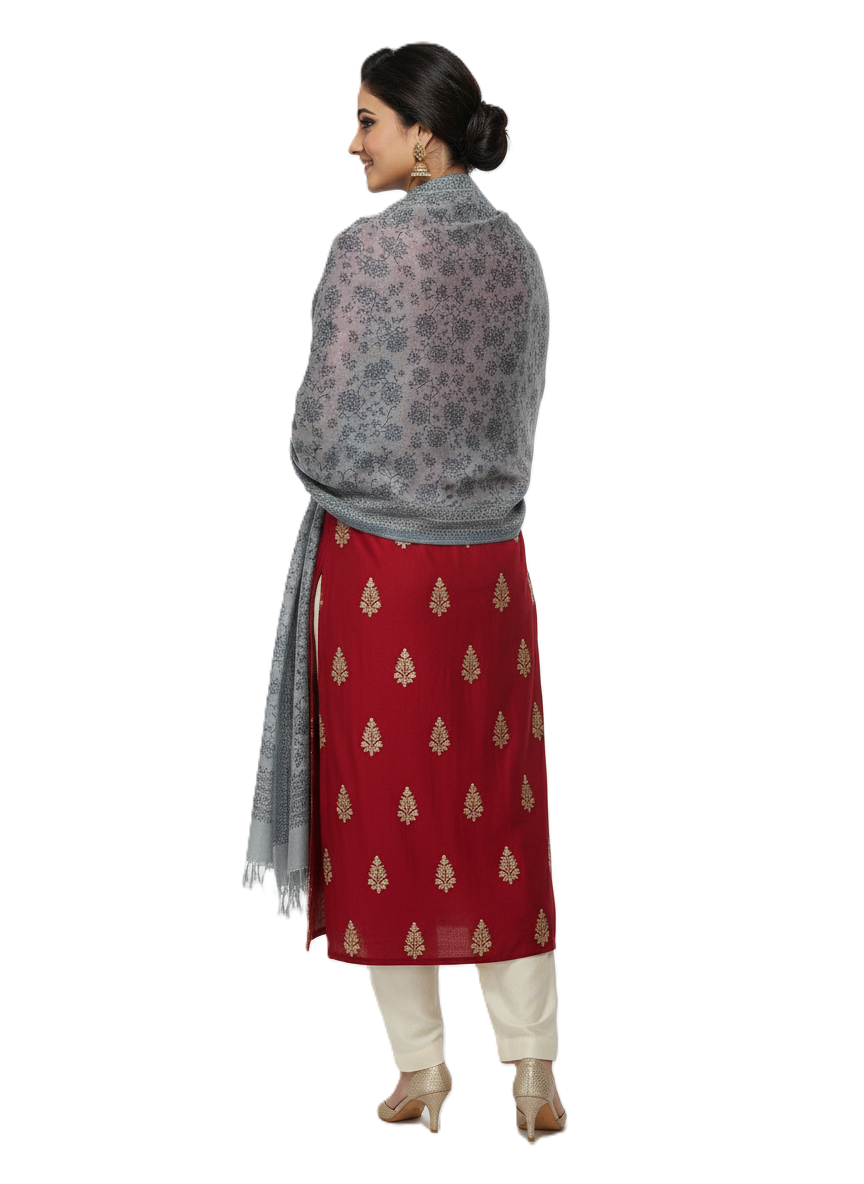 KRITI Floral Design Warm Woolen Dark Grey Color Shawl for Women