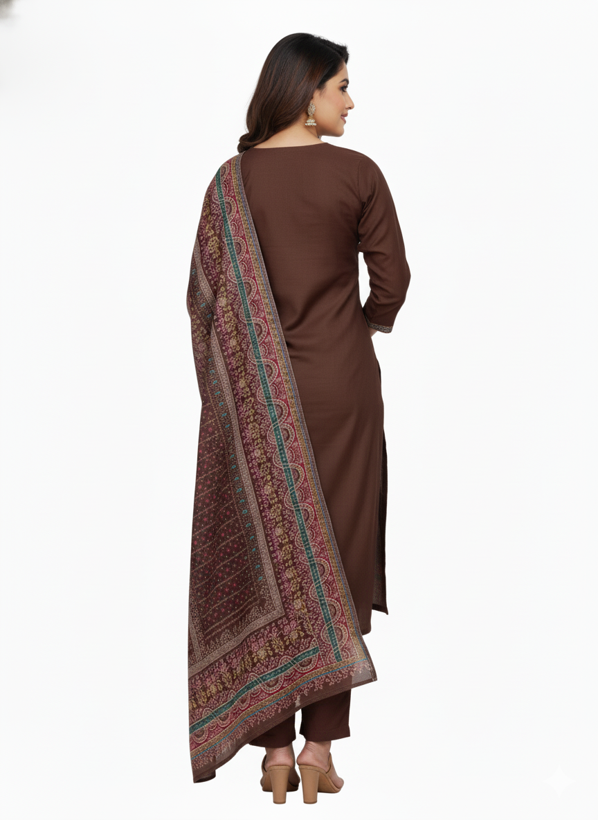 महिलाओं के लिए कृति विंटर ऊनी अनस्टिच्ड सूट रोस्ट ब्राउन रंग