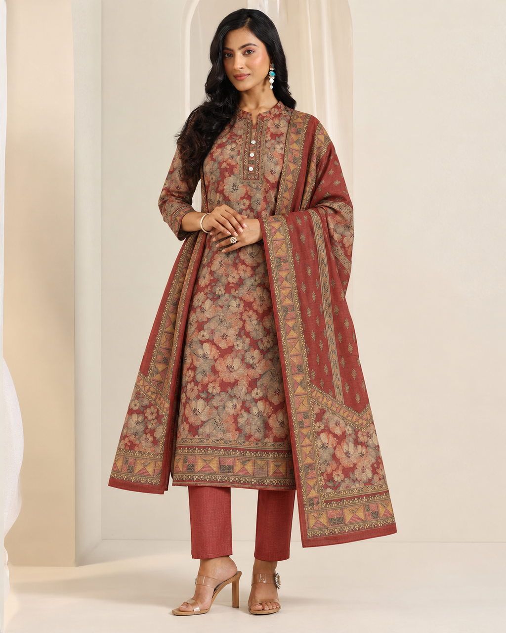 Embroidered Winter Woolen stitched Suit- Maroon