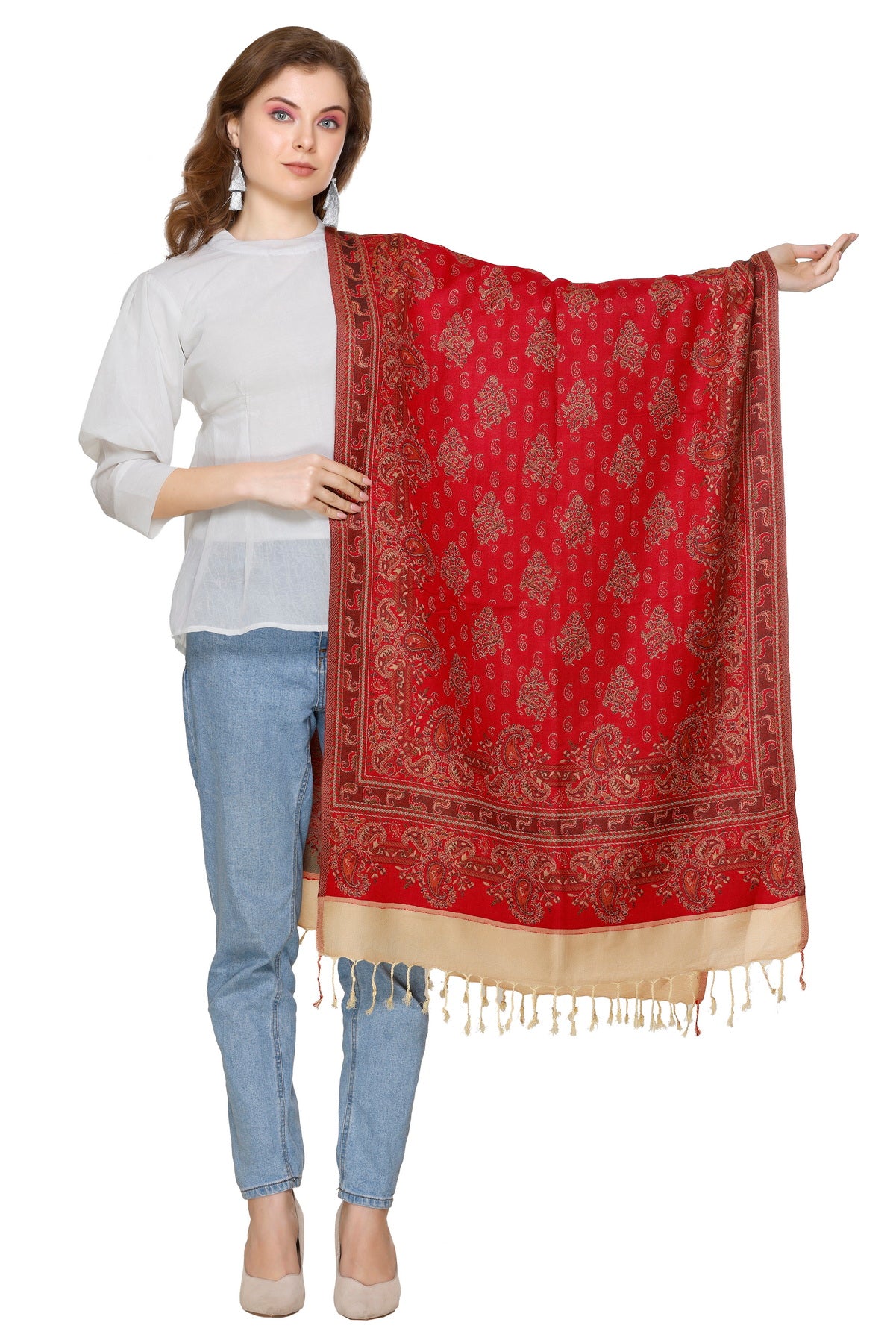 KRITI Floral Designer Woollen Red Colour Stole For Girl