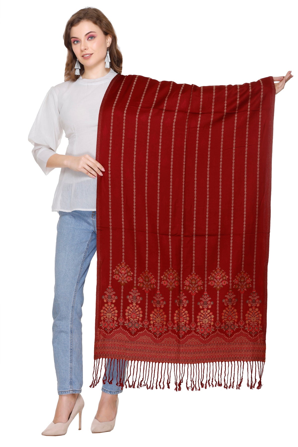 Floral Design Woollen Winter Stole - Maroon