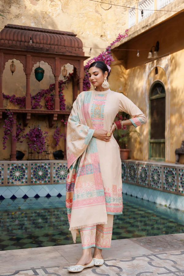 महिलाओं के लिए KRITI प्रीमियम कॉटन सिल्क अनस्टिच्ड सलवार सूट प्रिंटेड दुपट्टे के साथ