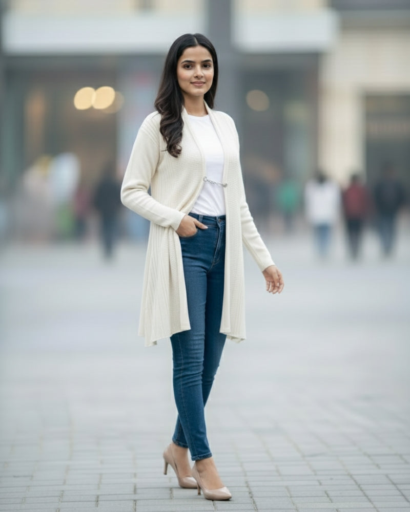 KRITI Women’s Long Knit Shrug – Premium Wool Blend | Lightweight Winter Layer | Stylish Cream Color Open-Front Shrug for Everyday Wear