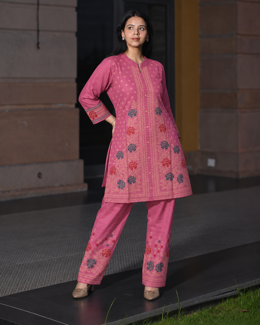 Winter Woolen Printed Cord Set - Pink
