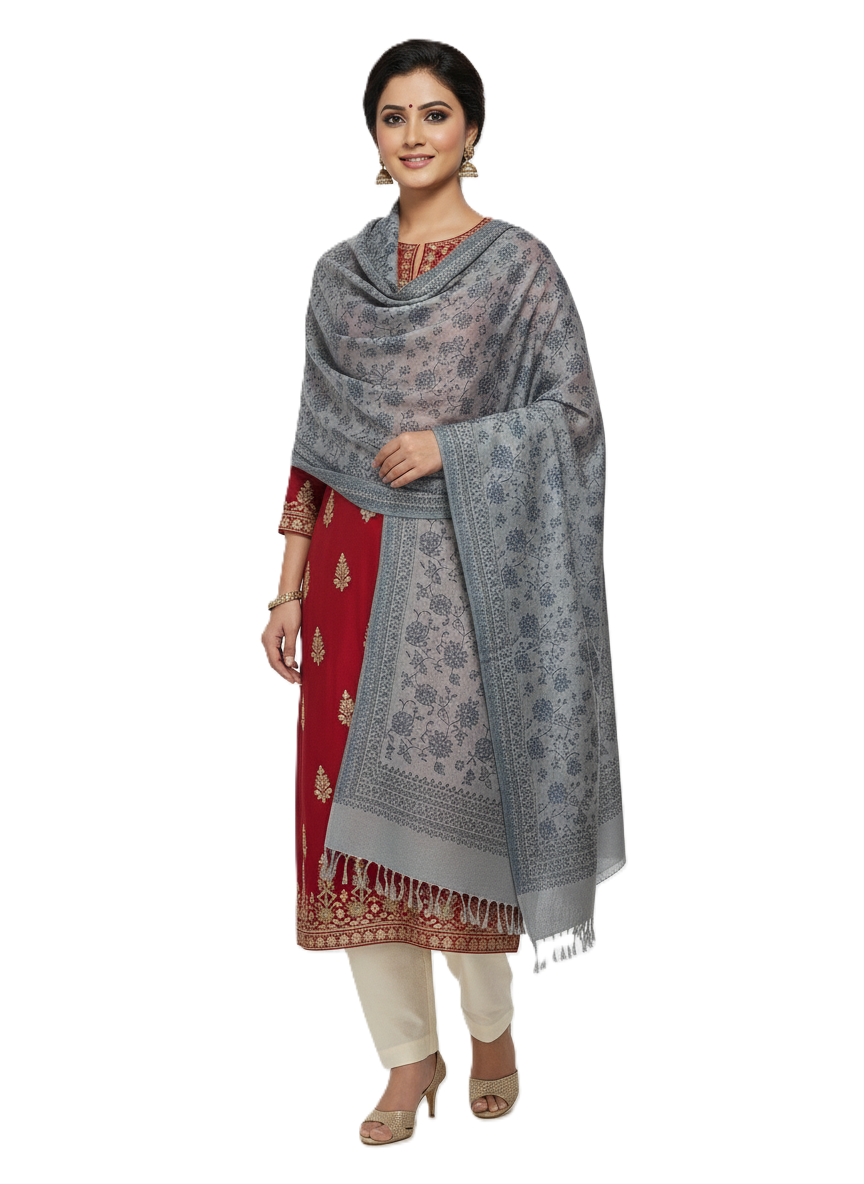 KRITI Floral Design Warm Woolen Dark Grey Color Shawl for Women