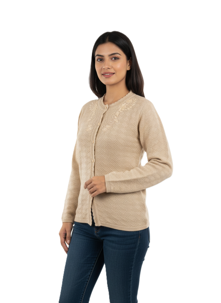 Winter Rainbow Embroidery Cardigan - Beige