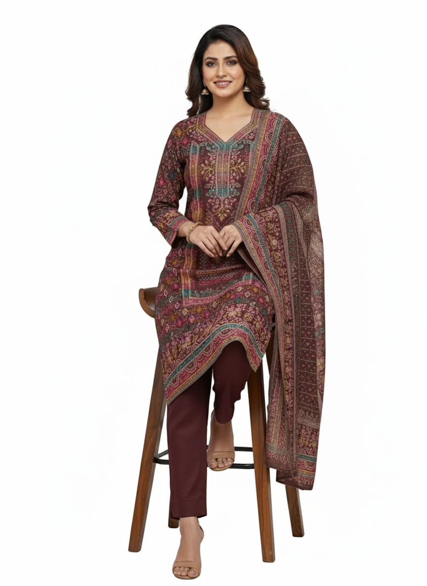 महिलाओं के लिए कृति विंटर ऊनी अनस्टिच्ड सूट रोस्ट ब्राउन रंग