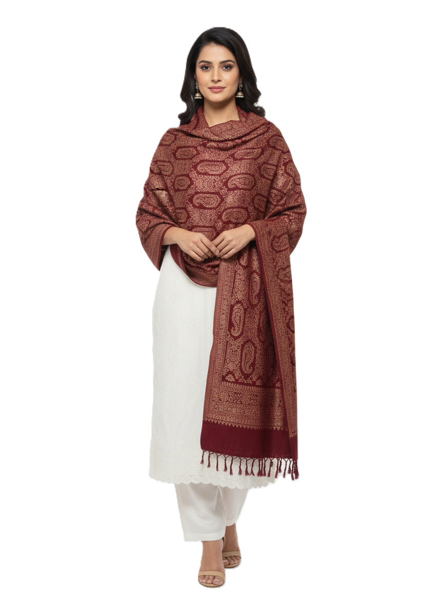 KRITI Paisley Design Warm Woolen Maroon Color Shawl for Women