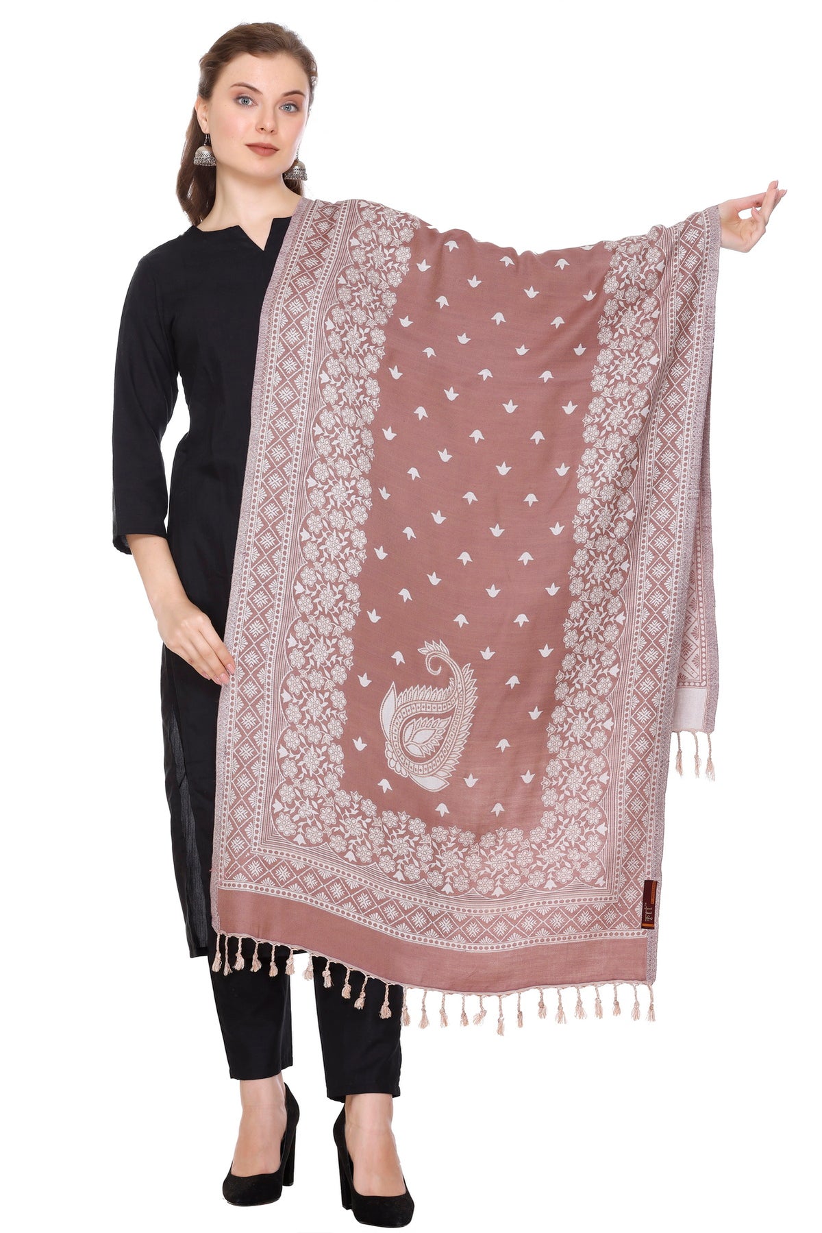 Floral Designer Woollen Stole - Brown