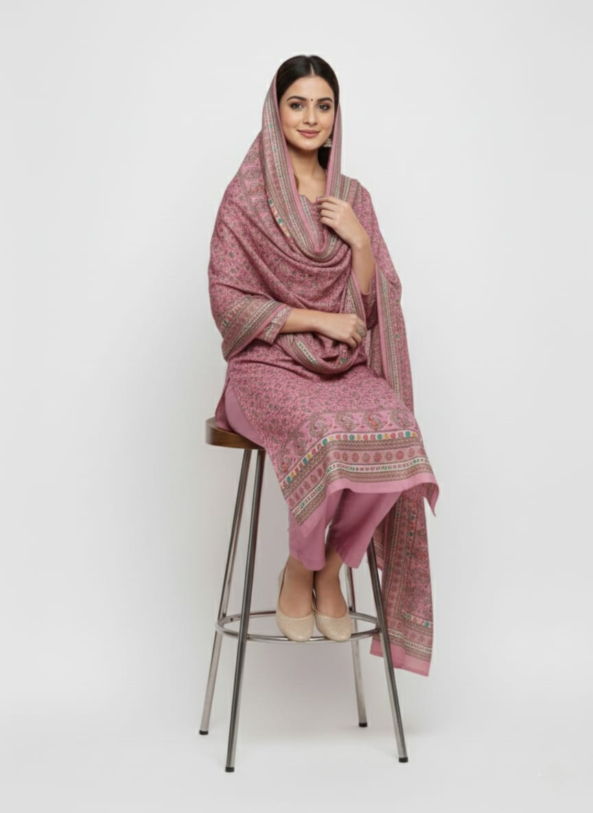 Woolen Floral Design Unstitched Fabric Suit Set