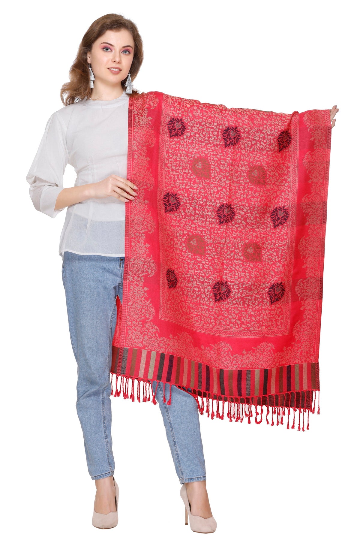 Floral Designer Woolen Stole- Red