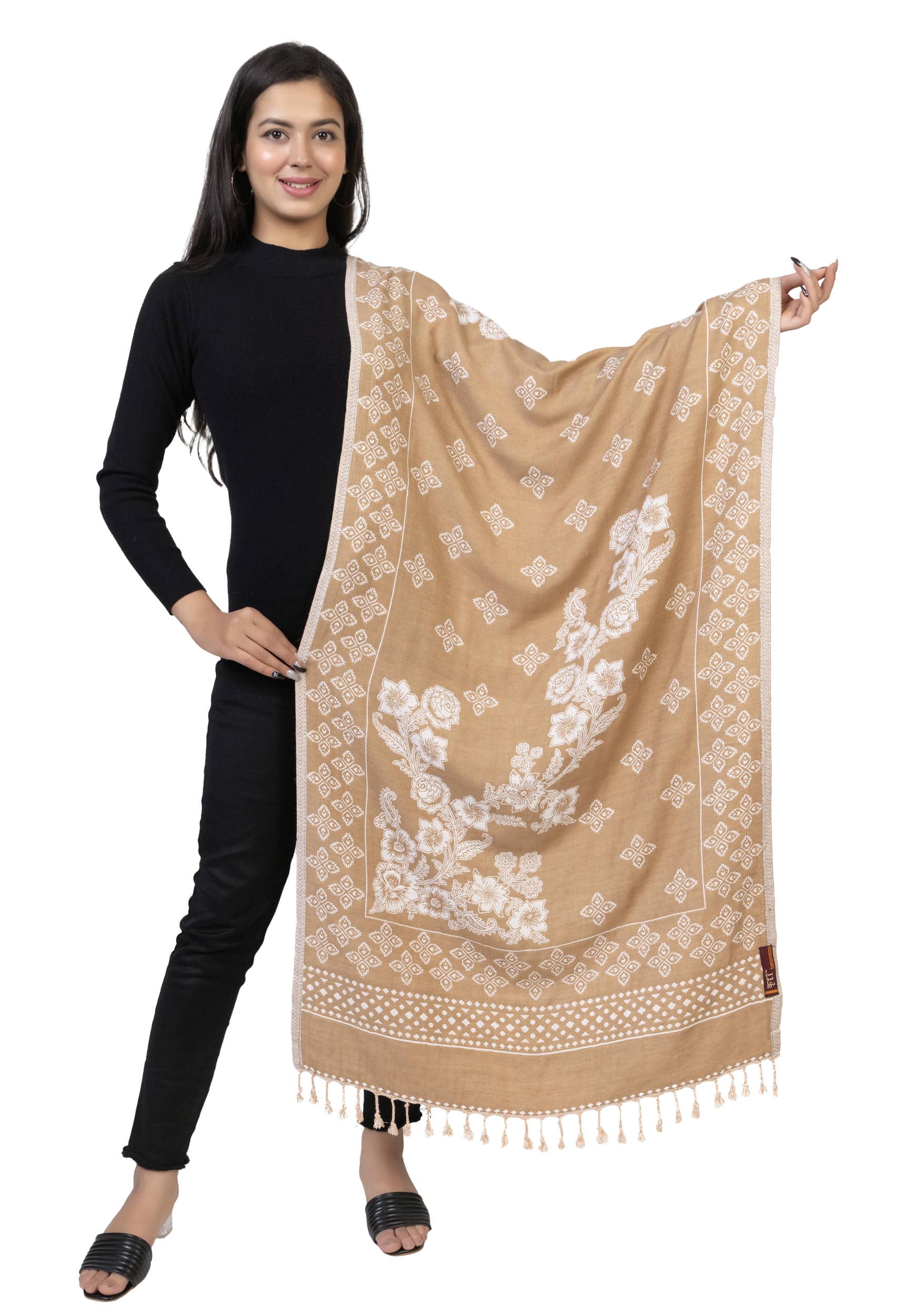KRITI Floral Design Woollen Beige Color Stole For Girl